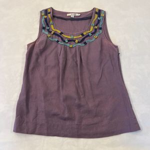 Boden Purple Linen Top Ribbon Trim Neckline